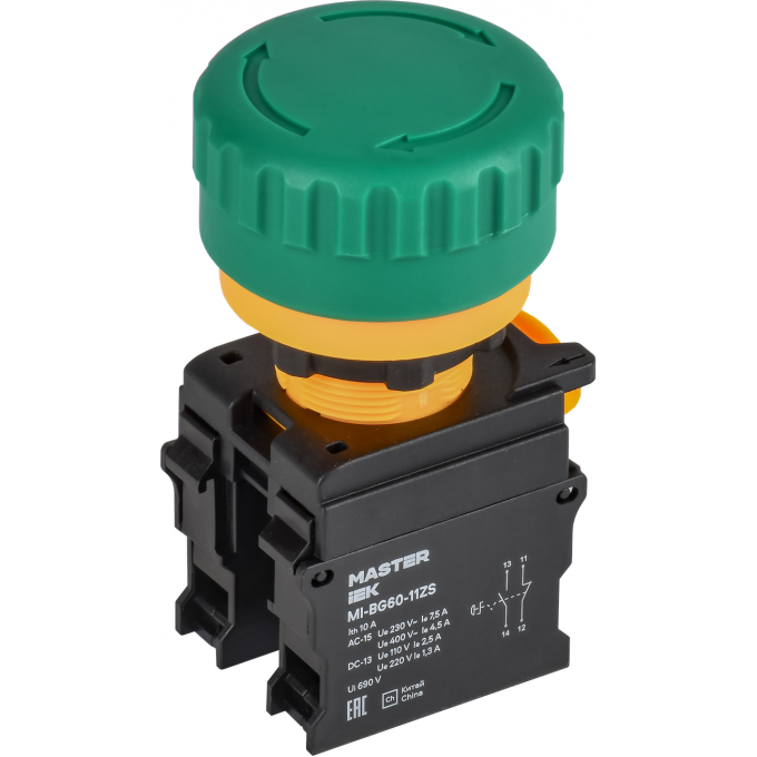 Кнопка IEK MASTER MI-BG60-11ZS-3-23-K06 "Грибок" поворотная с фиксацией 1NO+1NC зелёная MI-BG60-1ZS-3-23-K06